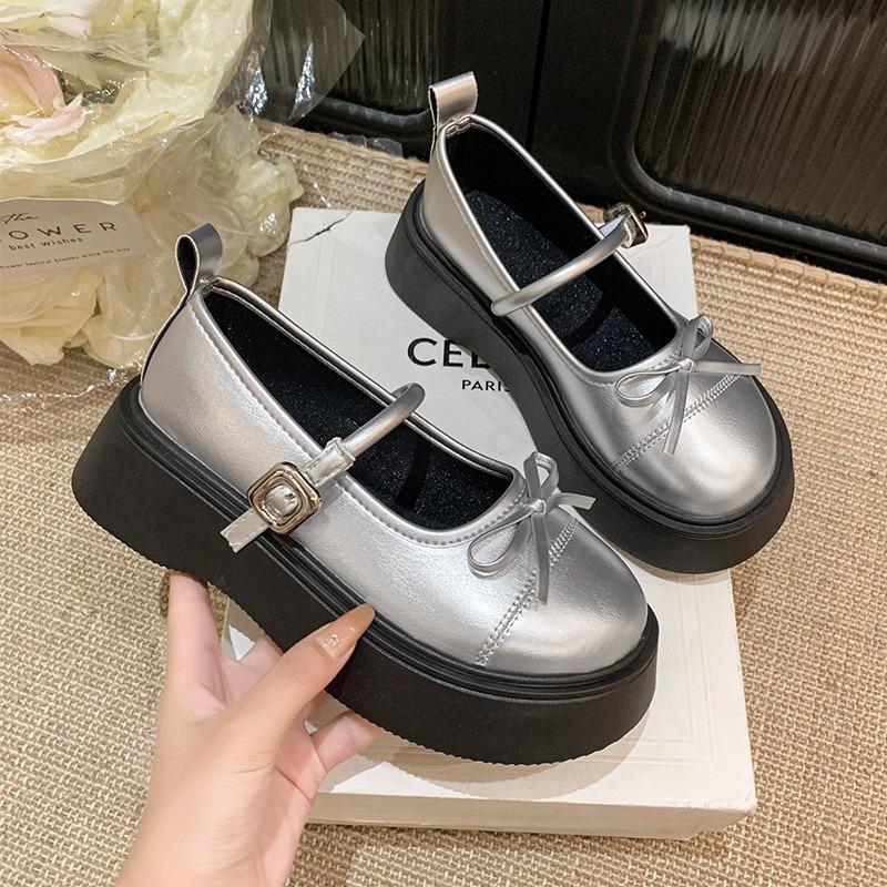 Fashion French bowknot Mary Jane Platform Shoes Woman 2025Buckle Strap Pu Leather Casual Shoes Woman Thick Sole Student Jk Uniform Shoes