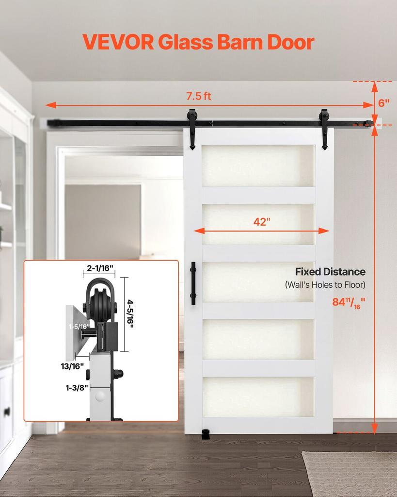 Sliding Barn Door, 1067 x 2134mm, High-Strength MDF Panel and Glass, Barn Door with Hardware Kit, Water-Proof PVC Surface, Easy to Install, H-Frame,