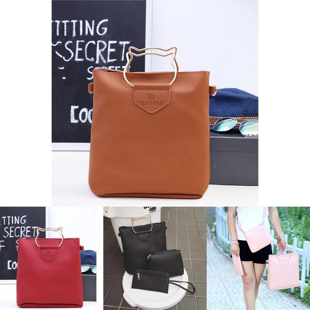 Korean Creative European And American Simple Cat Iron Handbag Three-piece Set Soft Pu Material