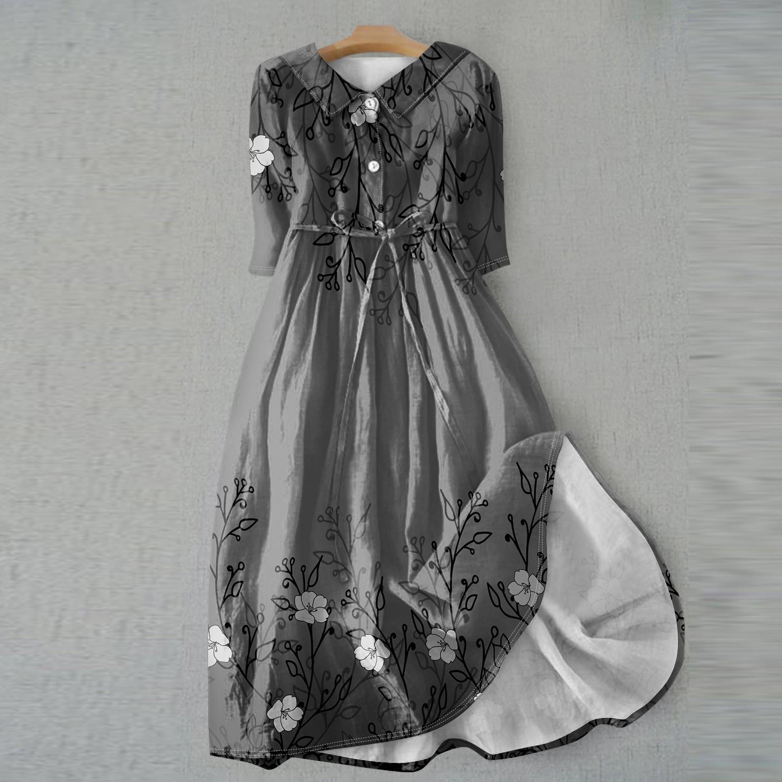 

Женское модное платье с откидным воротником и рукавами 3/4 с принтом XL