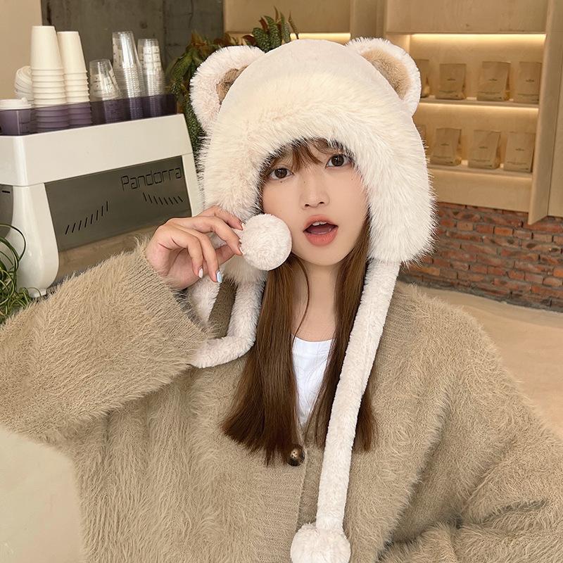Plush Cute Bear Ear Hat for Women Autumn and Winter Korean Style Warm Ear Protection Hat Thickened Warm Headband Hood