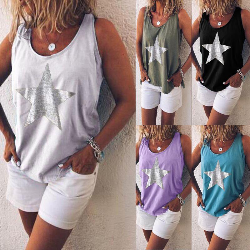 Stylish Plus Size Women Sleeveless Star Print T-shirt In Five Vibrant Colors