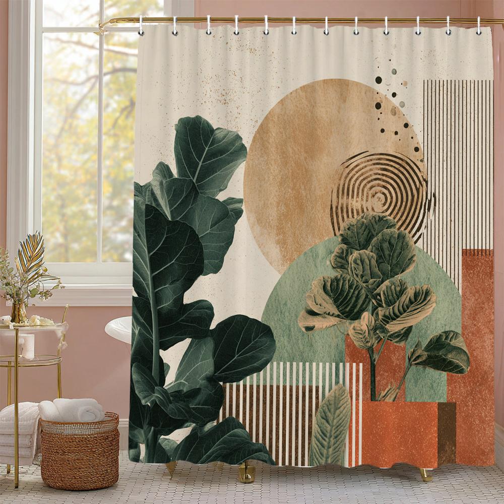 

Mid Century Modern Bohemian Shower Curtain, Bohemian Arched Leaf Abstract Bathroom Decorative Shower Curtain, with Hooks 90x180cm-35x70in