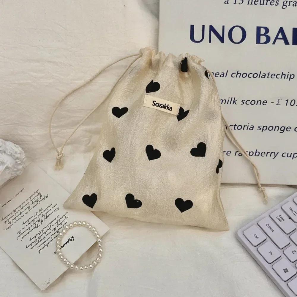 Champagne Love Drawstring Storage Bag Literary Style Polyester Vintage Drawstring Pocket Coin Purse Pull Rope Pouch Case
