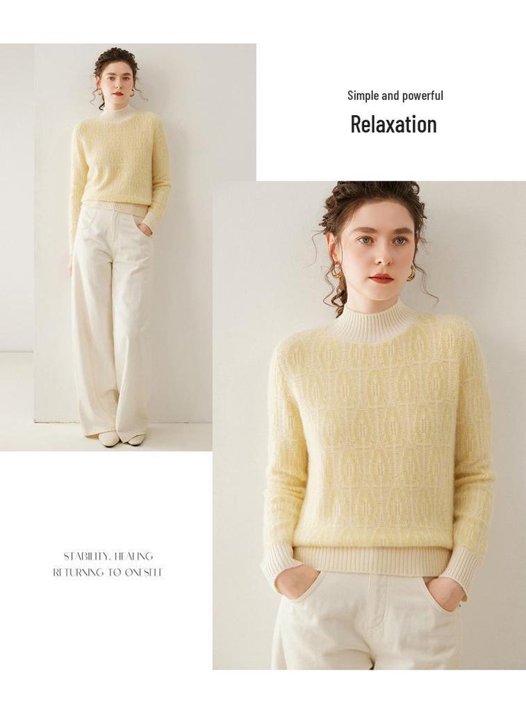 Women's Color Block Cashmere Sweater - Thick, Round Neck, Loose Fit, Jacquard Knit, Autumn/Winter.