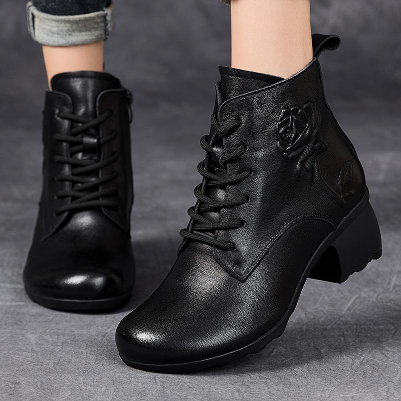 Fashion GKTINOO Spring Autumn Women Boots Genuine Leather High Heels Ankle Boots For Women Shoes Retro Handmade Zipper Short Boots