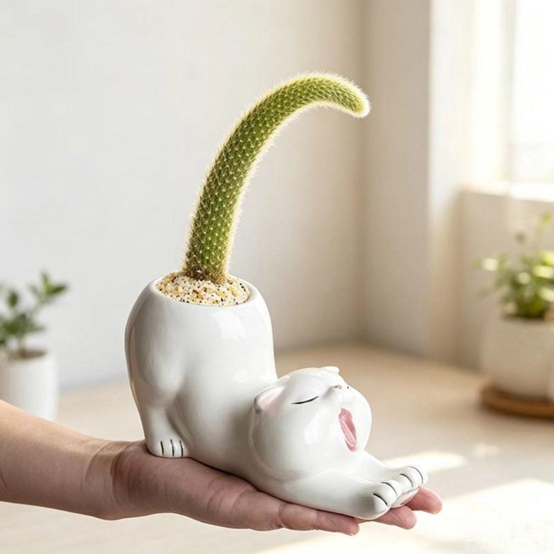 Animal Figure Ceramic Planter Flower Pot, Tabletop Plant Holder for Desk Display, Shelf Placement, Windowsill and Indoor Home Use