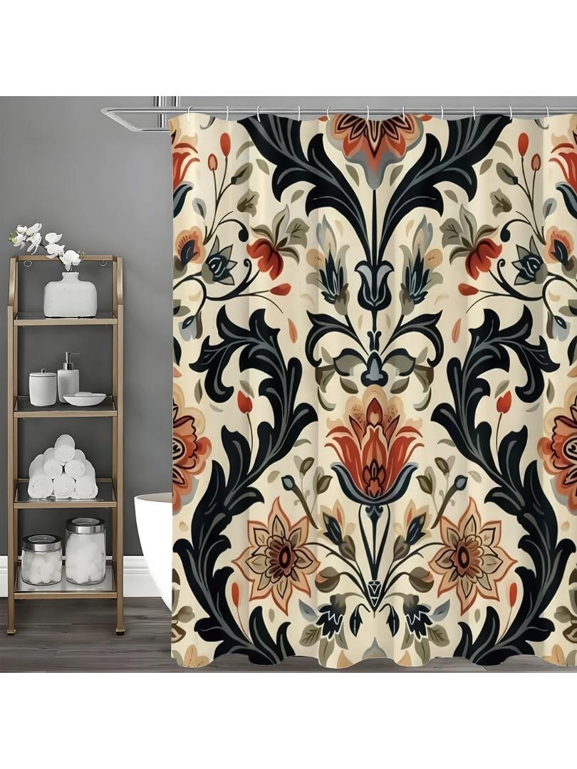 Vintage European Floral Shower Curtain, Bathroom Decorative Shower Curtain, Waterproof Shower Curtain with Hooks W90xH180cm