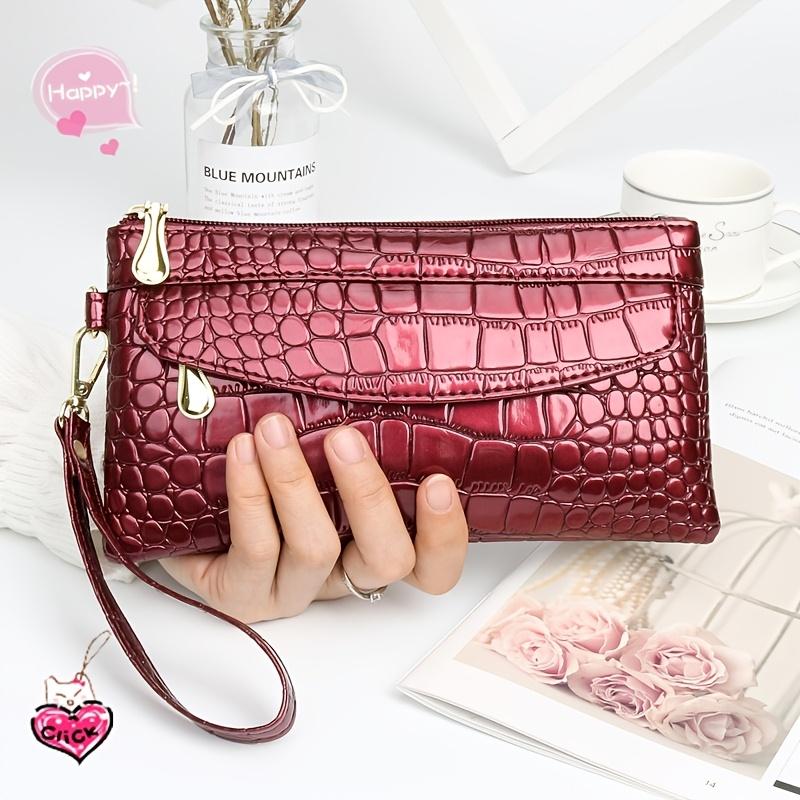 

[Клатч на молнии с отделением для монет] Элегантный кошелек из искусственной кожи с тиснением под крокодила, с ремешком на запястье, карманом-конвертом и карманом на молнии, модный длинный клатч
