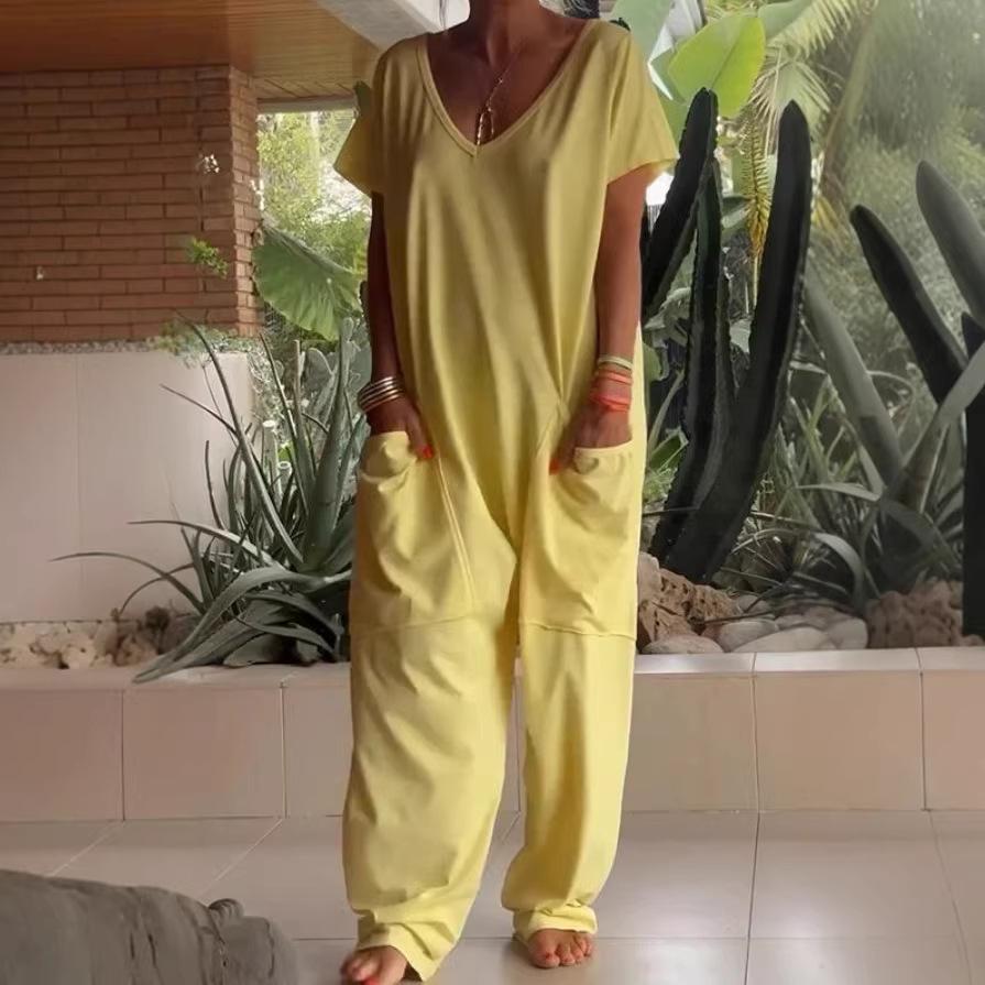 2026 Spring/Summer Women's Solid Color Low Crotch Jumpsuit with Large Pockets - Elegant, Europe/America Style