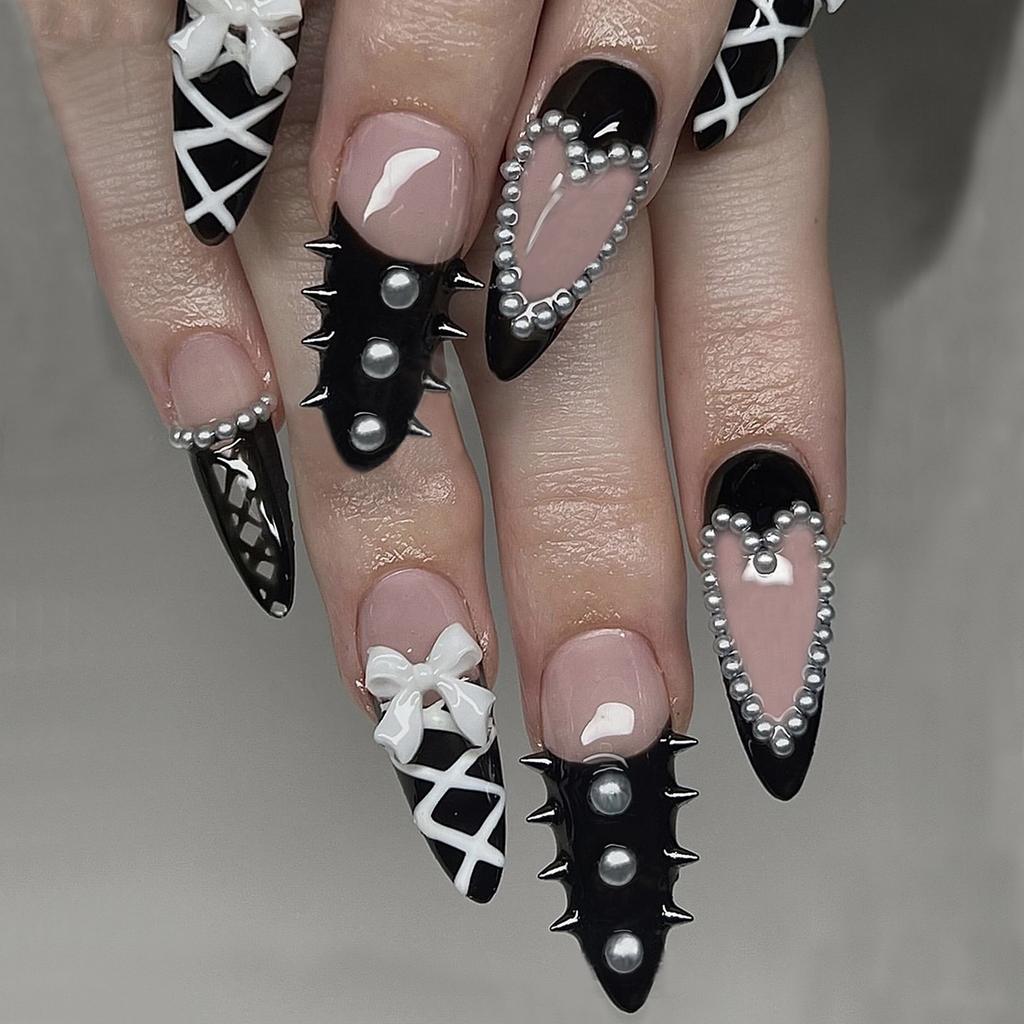 24PCS Simple Black Polka Dots French Press On Nails Full Cover 3D Bowknot Pearl Almond Fake Nails for Women Ins Nail Fashionable