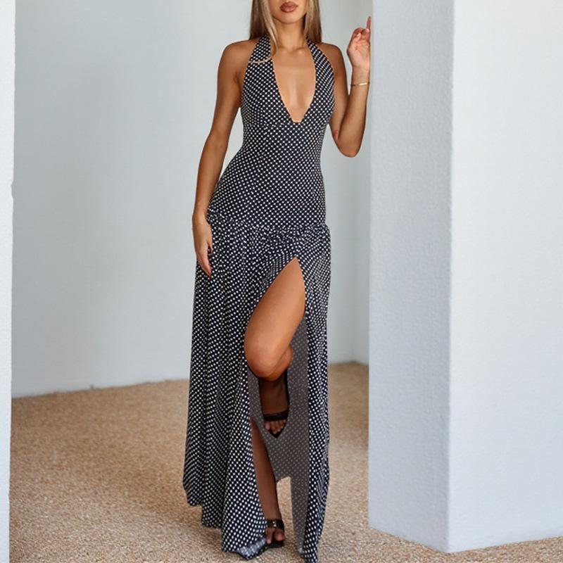 Celebrity V-neck banquet sleeveless long dress women s 2026 summer polka dot neck dress XS