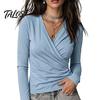 V-Neck Pleated Shirt Cross Long Sleeve Top for Women, Slim Fit Sexy Women Shirts Shirt, Fall Solid Color Casual Blouse Office Work Wear