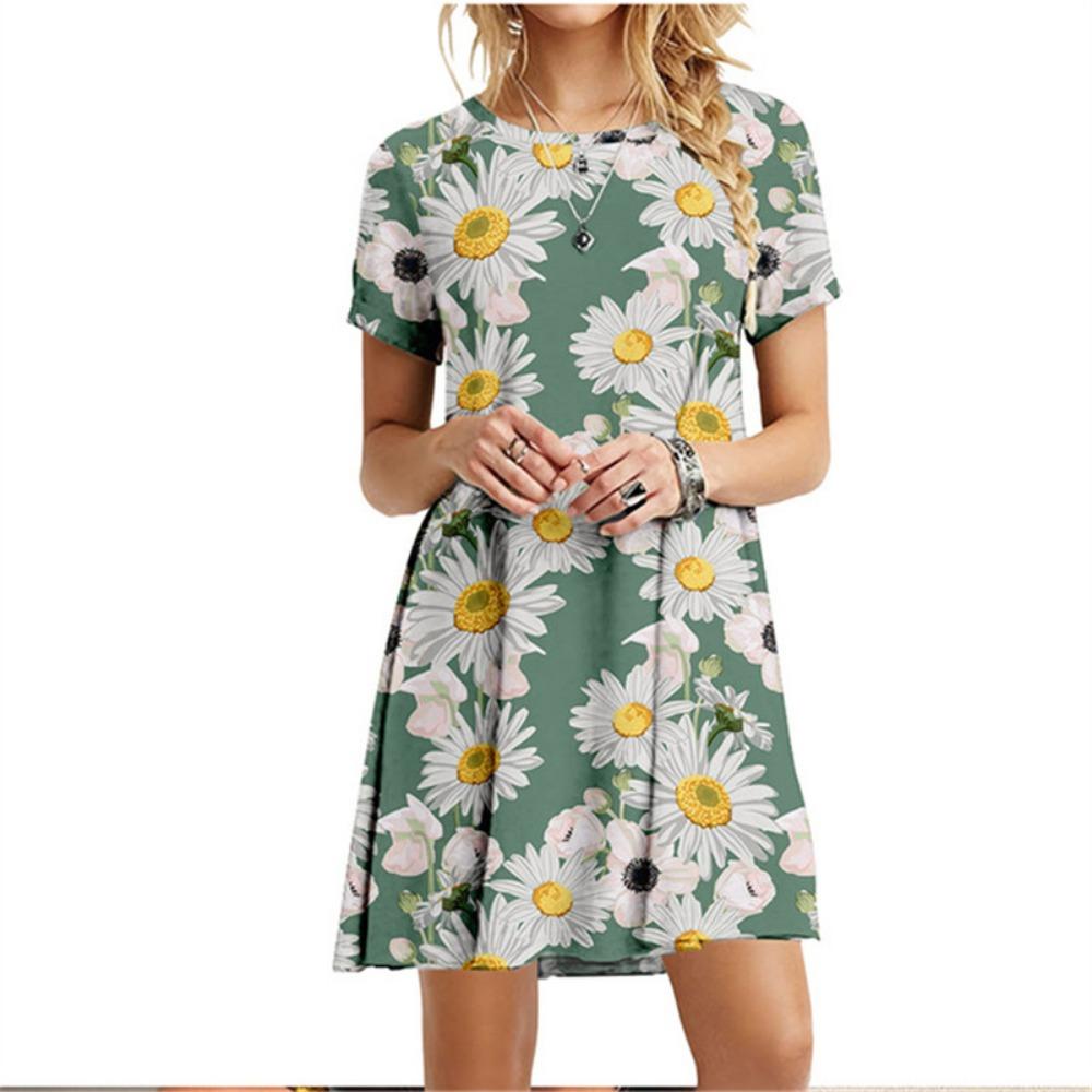 

3D Green Leaves Floral Printed Mini Dress For Women Summer Loose Oversized Casual Short Sleeve O-Neck A-Line Dress Sundress S
