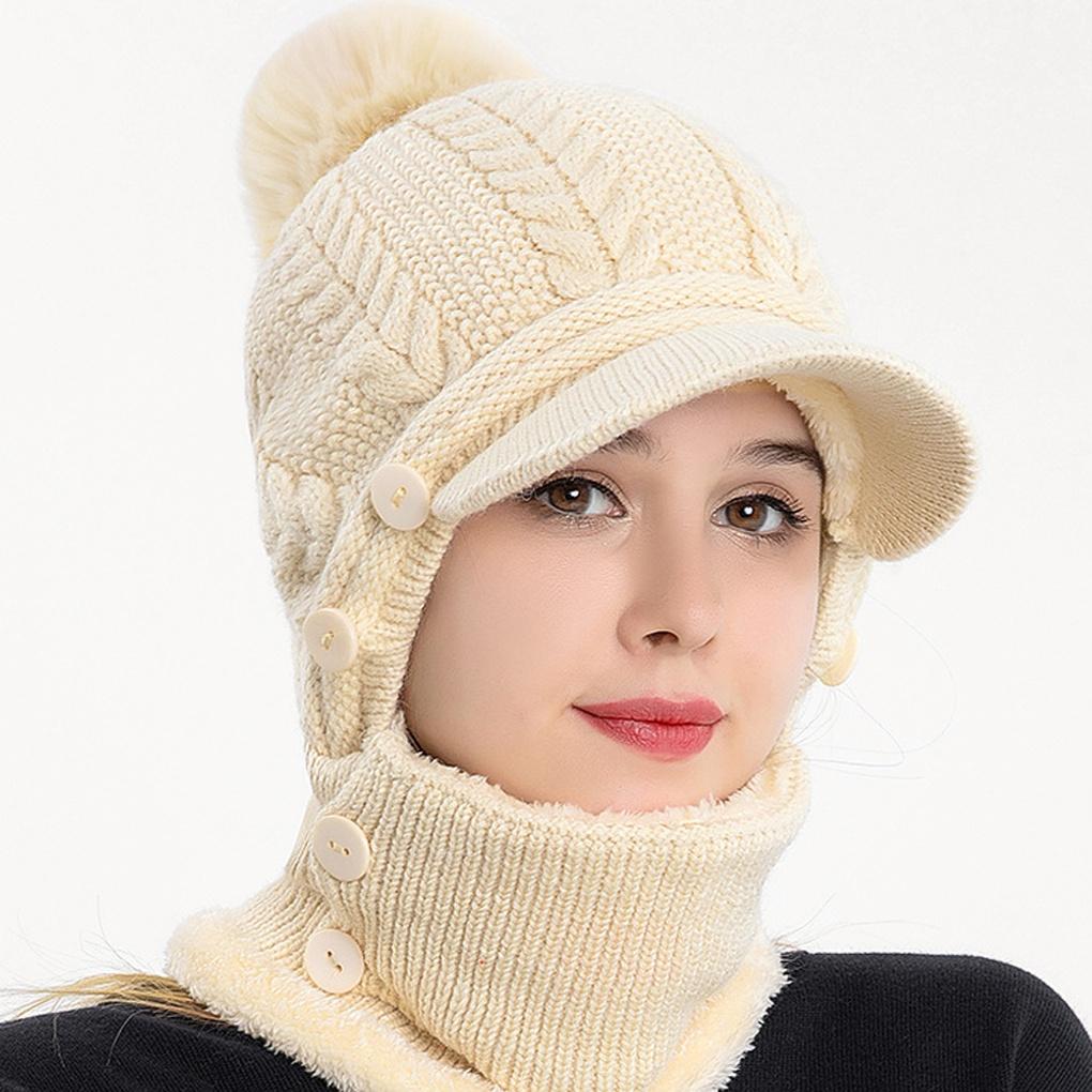 Winter Cold Weather Knit Neck Warmer Fur Pom Pom Brim Hooded Neck Hat