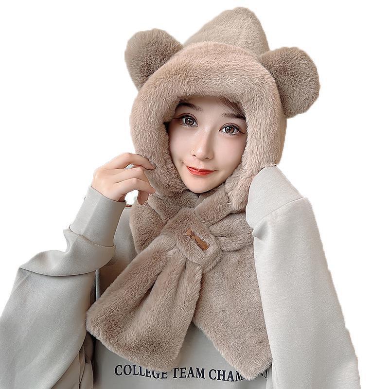 2023 Winter Cute Bear Ear Warm Hat Plush Scarf Hat Outdoor Windproof Cycling Hat Women Beanies Caps