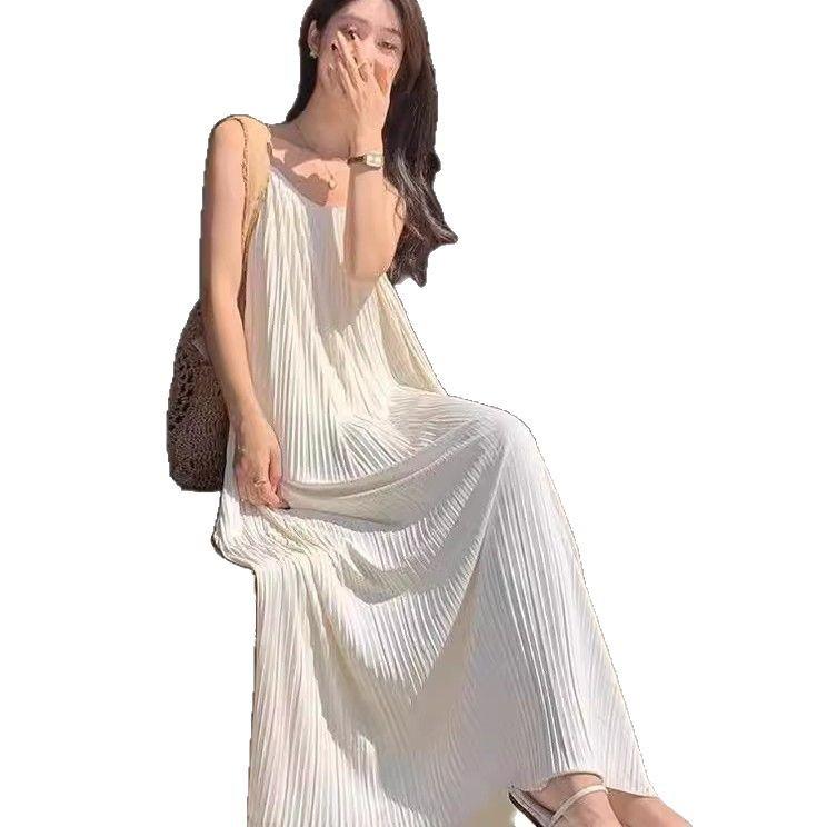 Women's Pleated Camisole Dress: Versatile, Slimming, Solid Color, Long Style