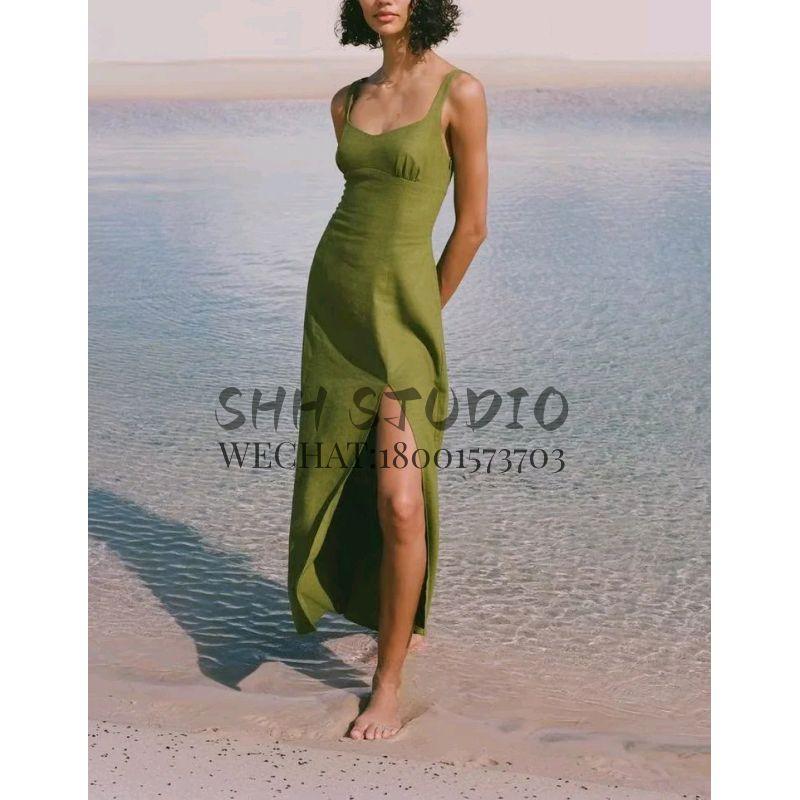 Spring NEW Round Neck Elegant Waist Hugging Split Linen Blend Shoulder Strap Length Dress 8265707 3314354