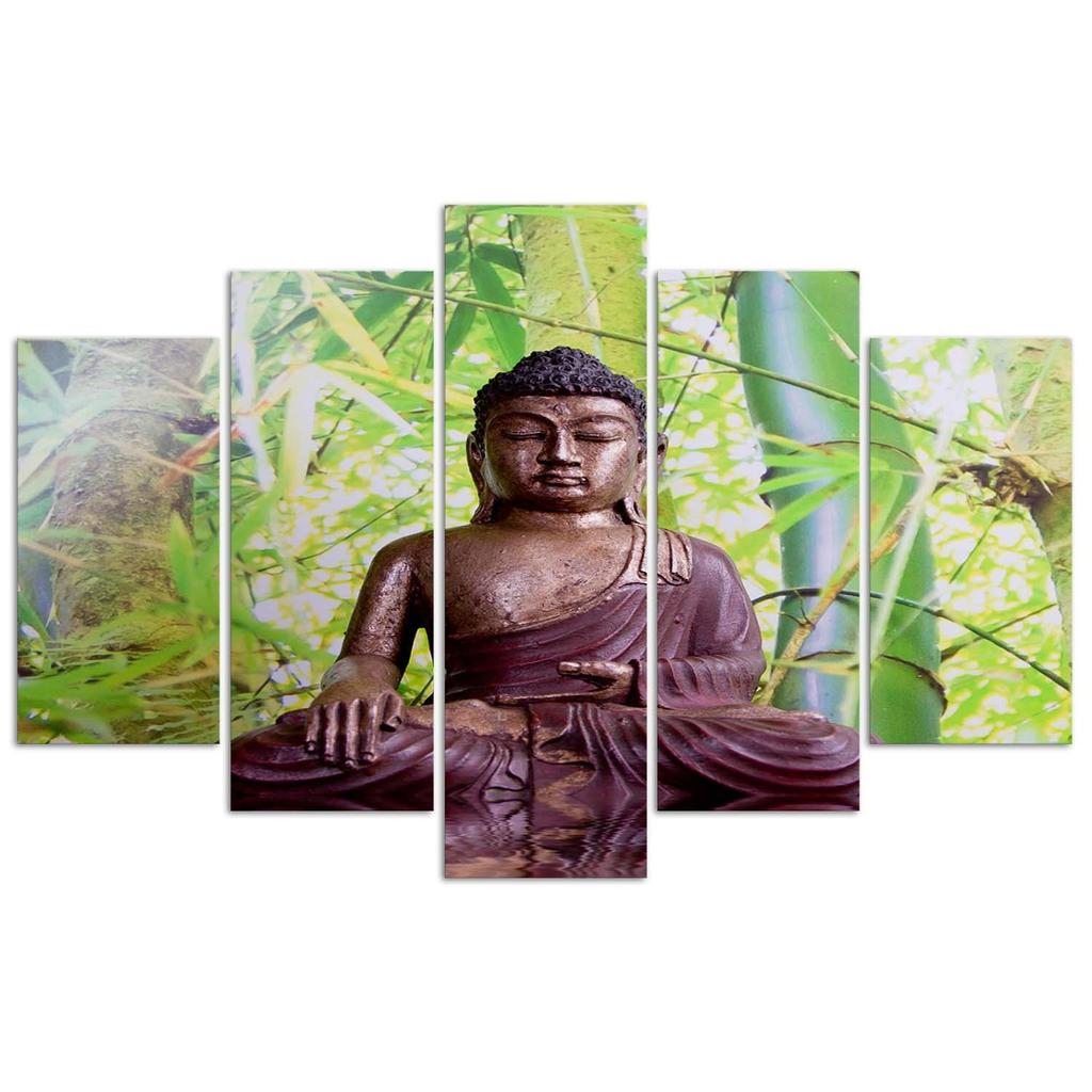 Feeby Feeby Five piece picture canvas print, Buddha on a background of bamboo