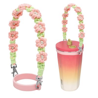 Drink Cup Holder Cotton Rope with Silicone Straw Holder Portable Tumbler Cute Flower Design