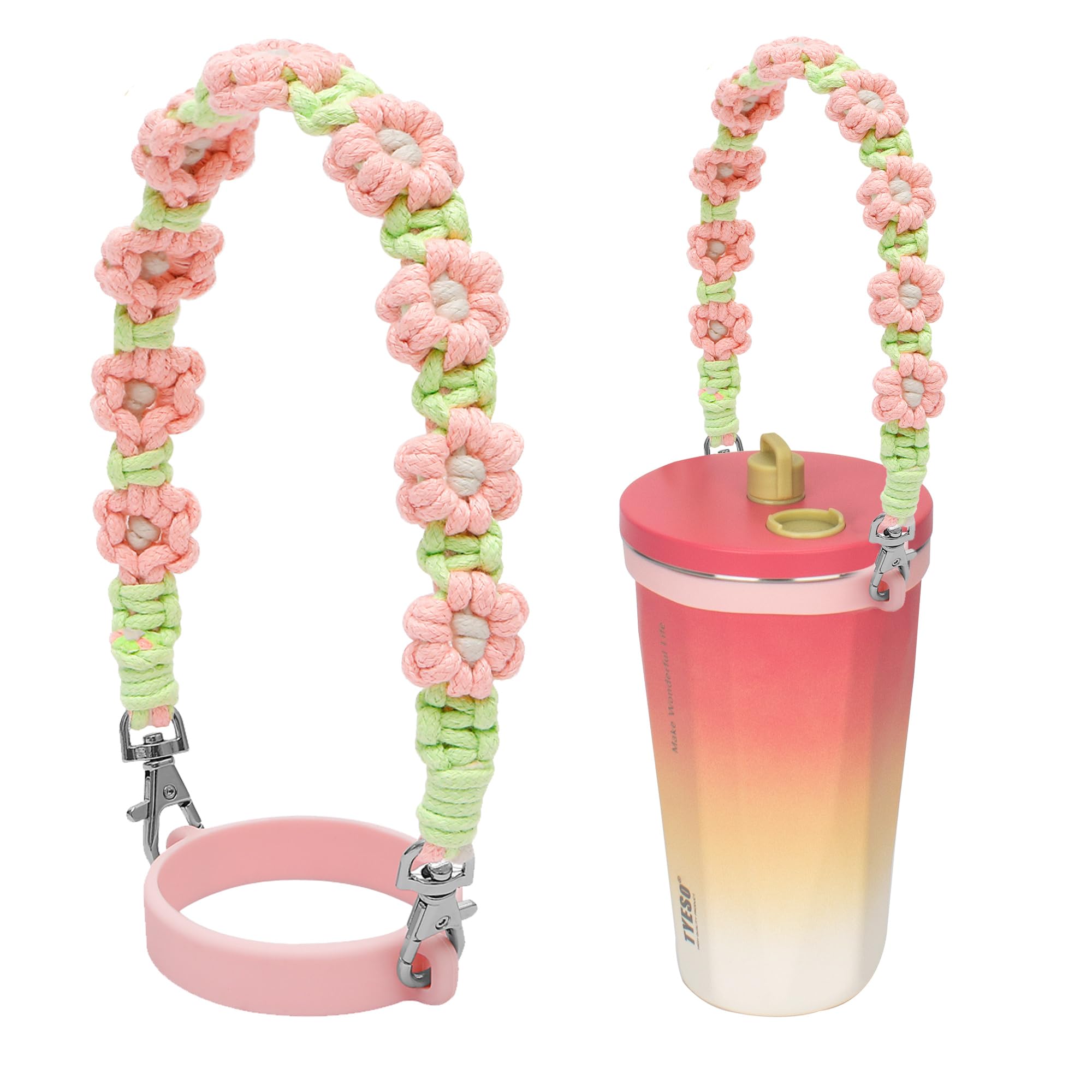 

TYESO Подстаканник из хлопковой веревки с силиконовым держателем для соломинки, портативный тамблер, милый цветочный дизайн зелёный