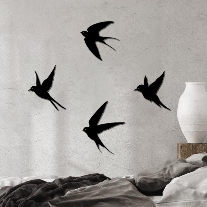 Set di 4 Decorazioni da Parete in Metallo a Forma di Uccello Volante, Sagome di Rondini, Segni Metallici Finitura Nera, Facili da Disporre, Decorazioni Murali per Camera da Letto, Corridoio, Ufficio