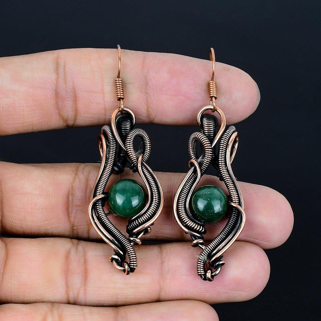 Aventhurian 999 Copper Wire Wrap Jewelry Earrings, Handmade Gemstone Earrings Jewelry, Gifts For Wife Brand New Earrings