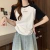 Short Sleeve T-Shirt Women's Summer Print Letter Bottom Skinny Casual Front Shoulder Contrast Drawstring Top Trendy Contrast Raglan-sleeve T-shirt