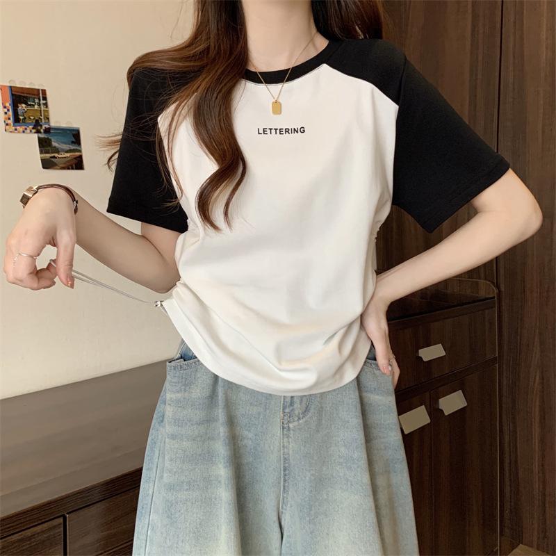 Short Sleeve T-Shirt Women's Summer Print Letter Bottom Skinny Casual Front Shoulder Contrast Drawstring Top Trendy Contrast Raglan-sleeve T-shirt