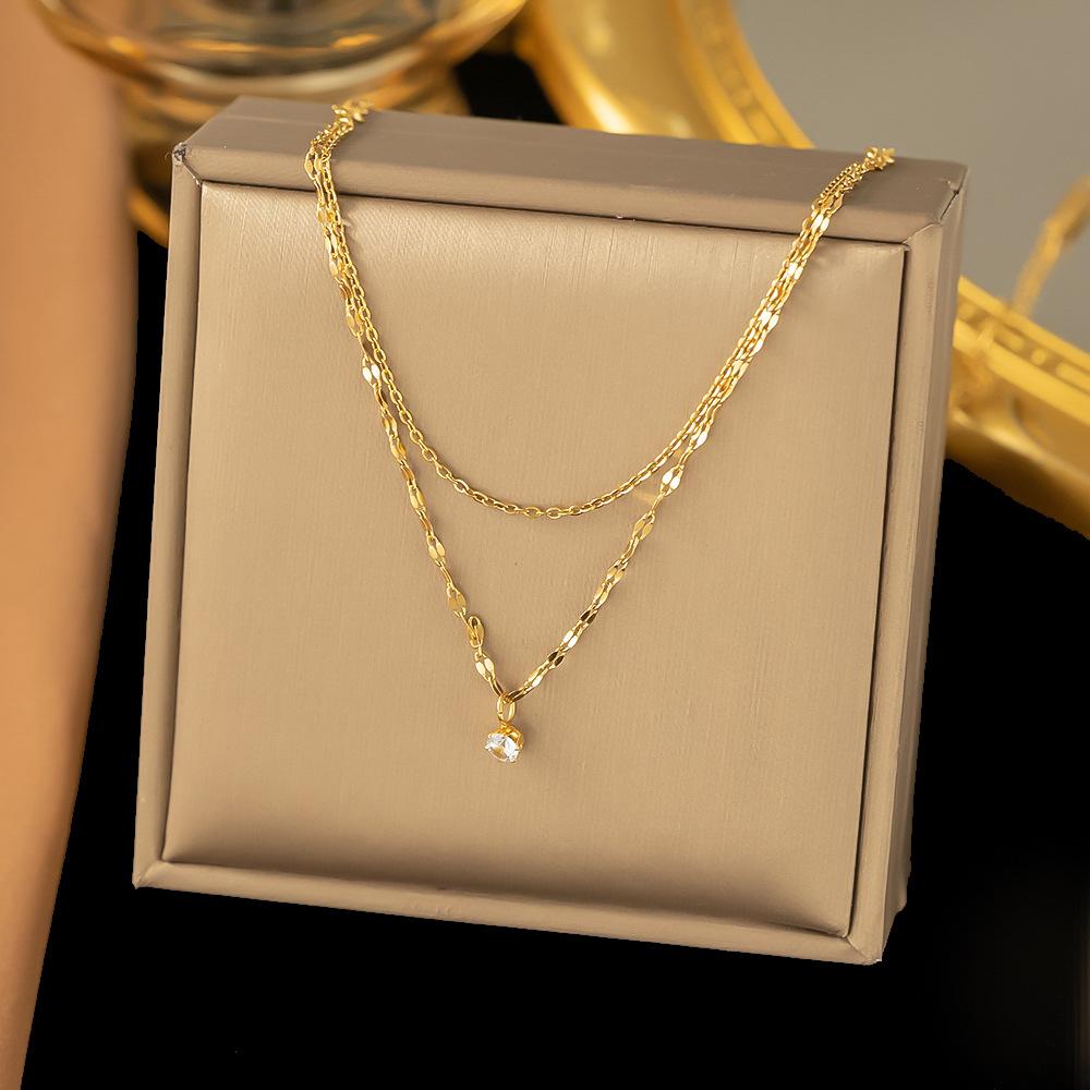 Trendy Stainless Steel Double-layer Chains Choker Necklace Bohemia CZ Crystal Pendant Necklace For Women