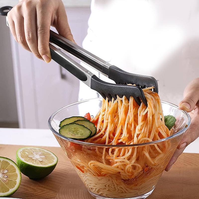 Silicone Stainless Steel Non-Scalded Grill Clip And Pasta Spoon Set, Sturdy Toothed Pasta Fork, Spaghetti Spoon And Food Clip