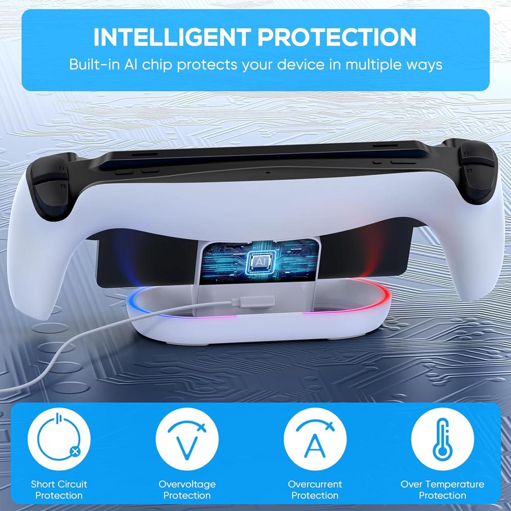 Stație de încărcare pentru Playstation Portal, suport de încărcare pentru PS Portal cu lumină RGB și cablu de încărcare USB C