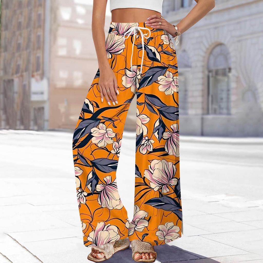 Damen Bedruckte Weitbeinige Hosen mit Taschen Hohe Taille Kordelzug Lockere Freizeit-Hosen