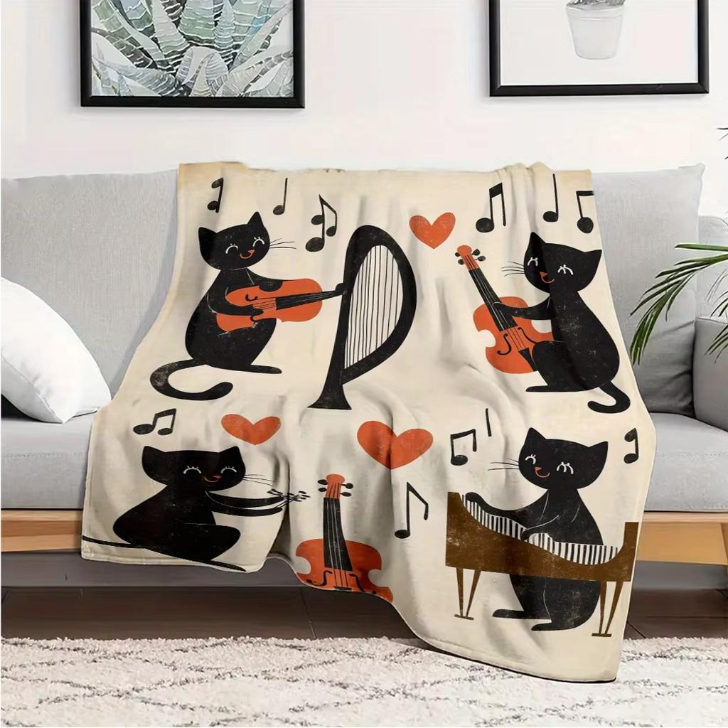Cute Black Musician Cats Flannel Fleece Blanket Soft Machine Washable for Sofa Bed Travel Camping Home Decor Gift