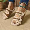 Women'S Cozy Fleece Slide Sandals - Brown & Beige Braided Design, Open-Toe Flat Slippers for Indoor/Outdoor Use, Casual Comfort