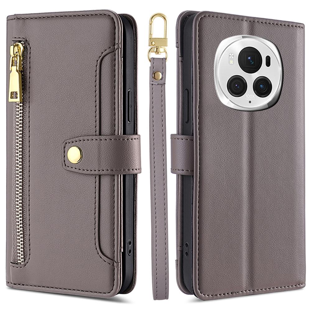 For Honor Magic6 Pro 5G Case Zipper Pocket Wallet Anti-Drop Leather Phone Cover with 2 Straps