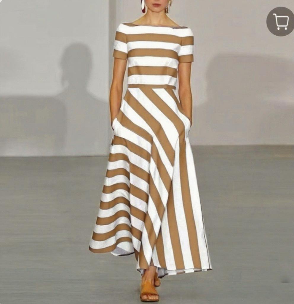 Casual Striped Long Dress With Elastic Polyester Fabric For Spring Daily Wear