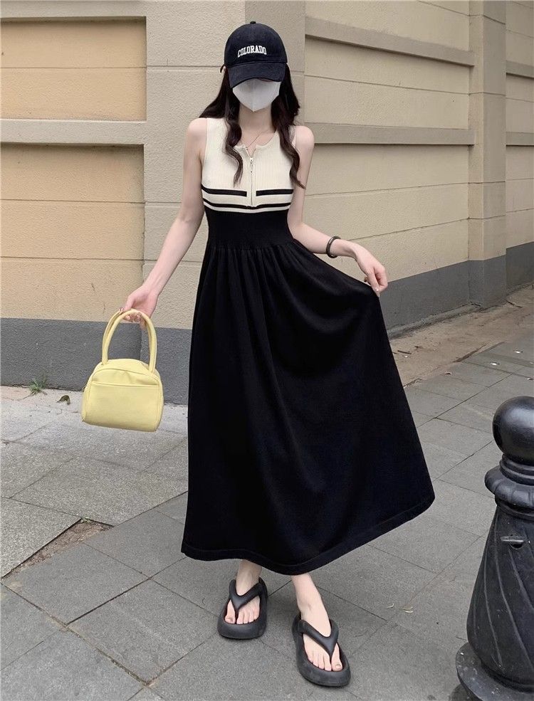 Striped vest dress women's summer Xiaoxiangfeng waist thin splicing contrasting color sleeveless long skirt knitted bottoming skirt