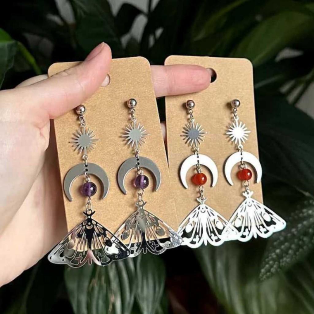 Copper Silver Long Drop Earrings Featuring Geometric Moon And Star Design For Ladies