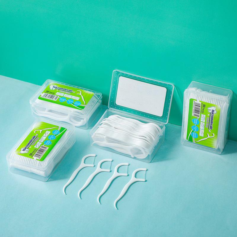 50-Piece Household Disposable Dental Floss Sticks, Food-Grade Plastic, High-Tensile in Box with Toothpicks