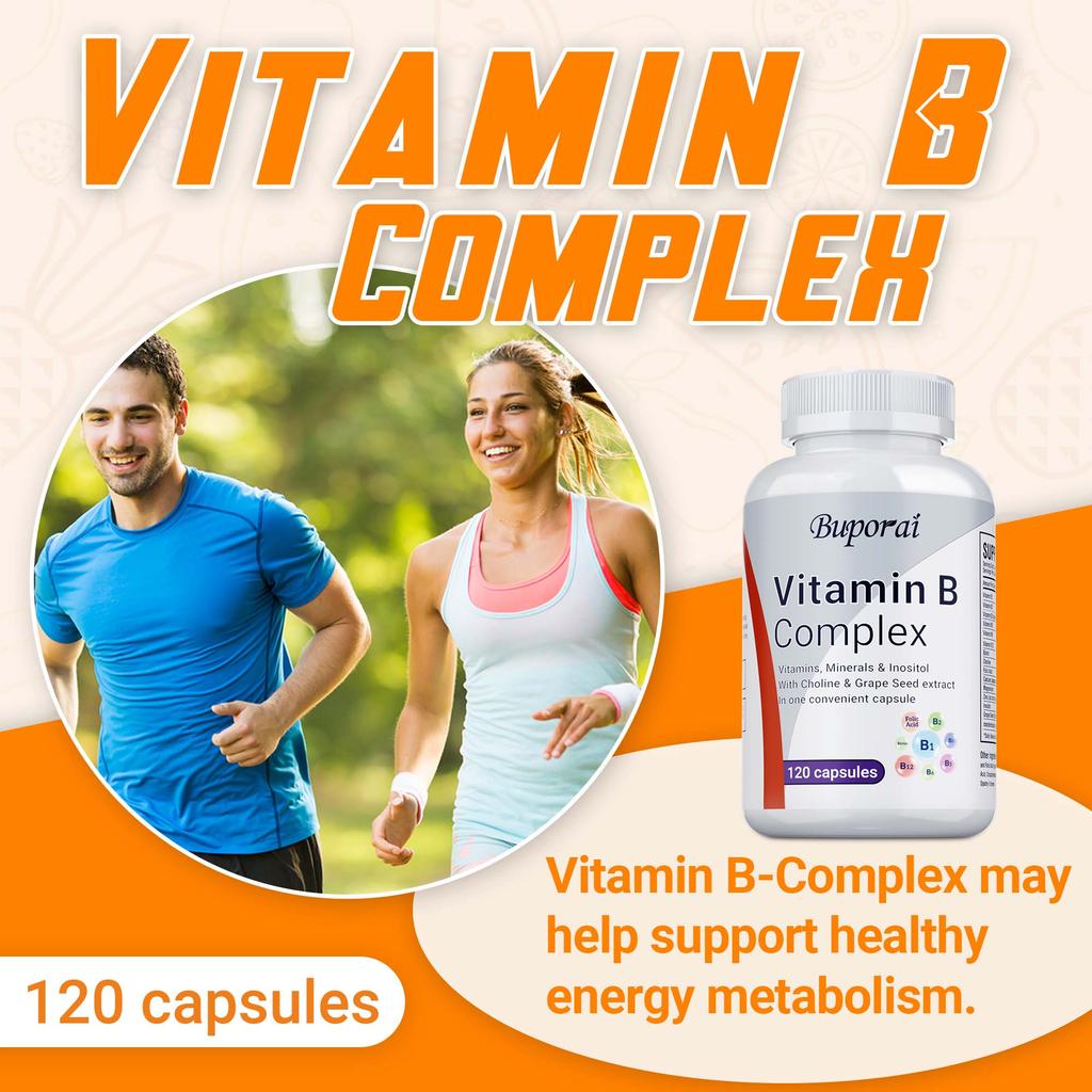 High Potency Vitamin B Complex, 120 Capsules - With Vitamin C - Natural Energy Complex