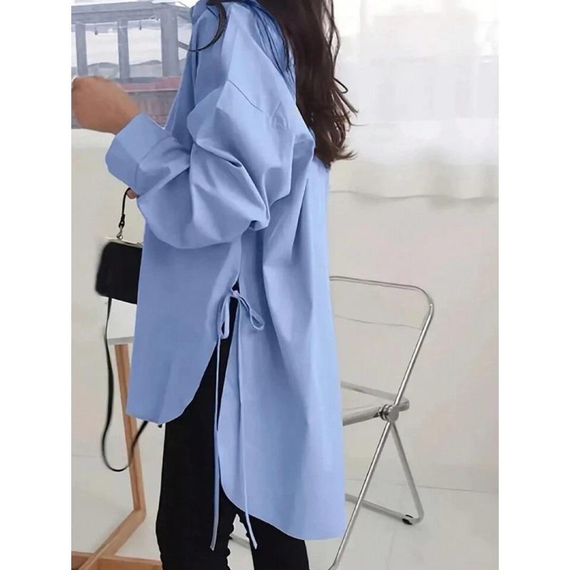 YYFS Blusas y camisas de cuello tipo polo de manga larga con estampado de colores sólidos informales de moda para mujer para primavera y otoño