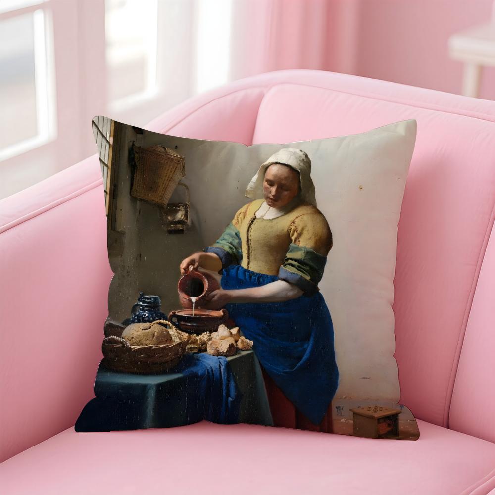Artistic JJohannes Vermeer Cushion Cover Pillow Case Ultra Soft Skin Friendly Fabric Cloud Like Comfort Concealed Zipper