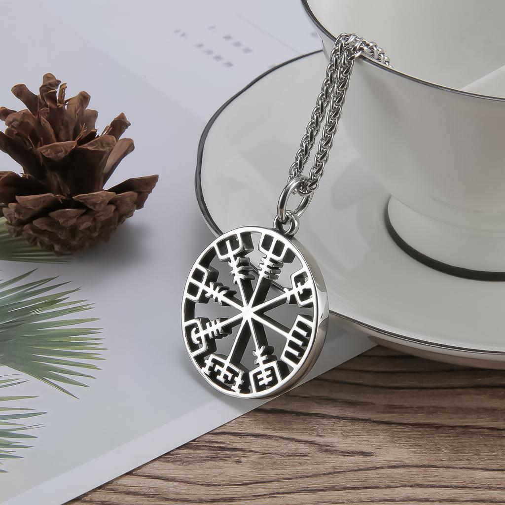 Gold Viking Necklace Men's, Viking Odin Logo Titanium Steel Hollow Compass Men's Pendant Necklace