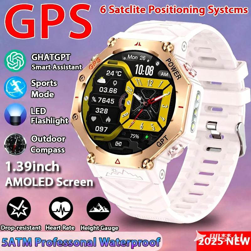 

GPS Smart Watch ChatGPT AI 5ATM Waterproof Bluetooth Call Built-in Compass Altimeter Barometric Sport Watch with LED Flashlight золотой