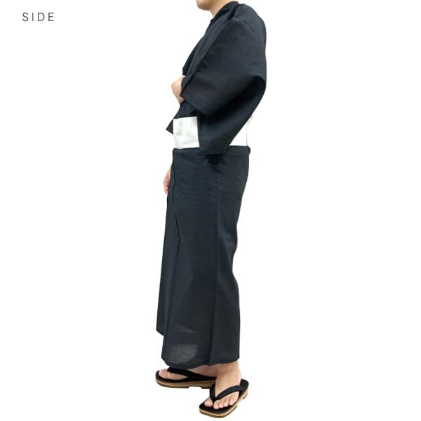 Kyoto Kimono Yuzen Men's Two-Piece Yukata Set, Black Shijira Weave Cotton, One-Touch Square Obi, Ink Black (Vertical Stripes), Size M