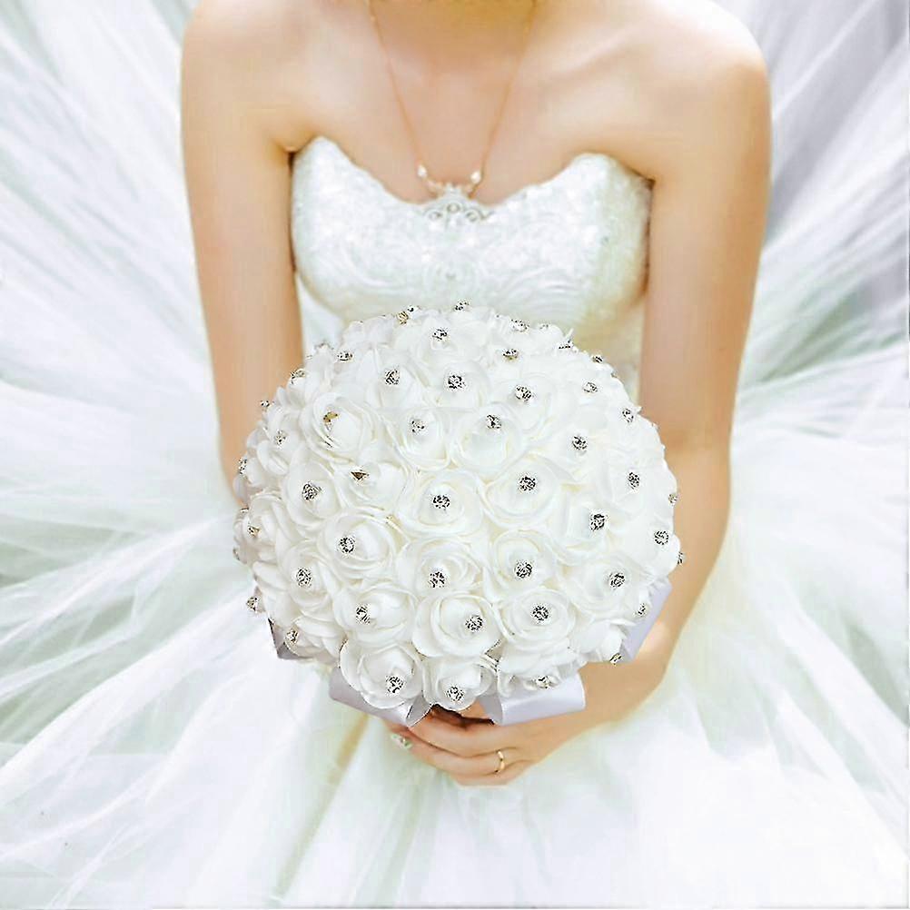 White Bridal Wedding Bouquet Artificial Rose Bouquet with Crystal Pearl for Wedding Engagement Home Decor