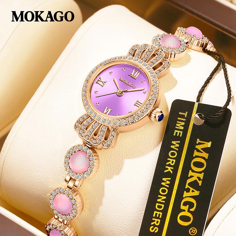 Mokago Luxury Women s Waterproof Quartz Watch with Diamond-Set Crown & Roman Bracelet ярко-розовый/золотой