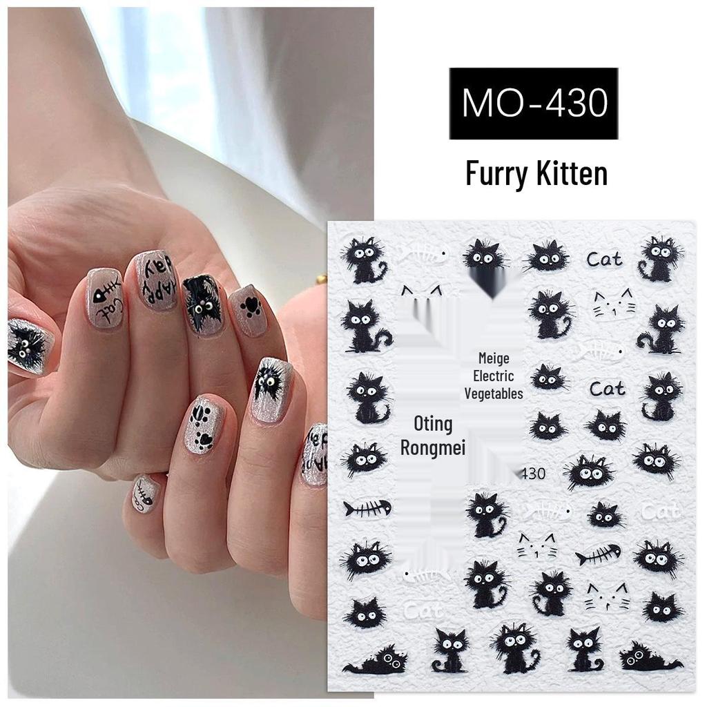Cute Cat & Fishbone Nail Stickers - Frizzy Kitten Embossed Design