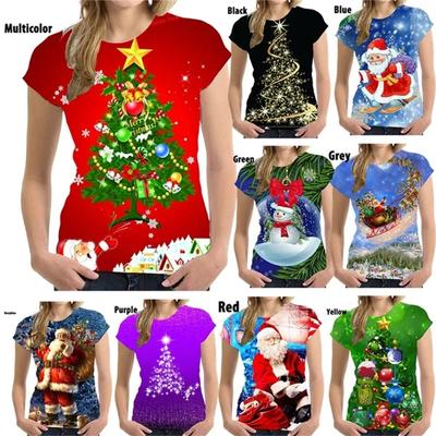 Vêtements de Noël pour femmes T-shirt d'impression 3D de Noël Arbre de Noël à manches courtes T-shirts pour femmes à la mode cool